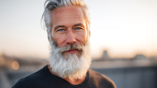 Portrait of a confident older man with a beard, smiling against a sunset backdrop, exuding experience and wisdom.