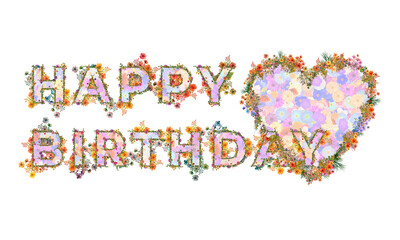 Życzenia urodzinowe z kolorowych polnych kwiatów i ziół układających się w kształ napisu: Happy Birthday © Blue Pixel