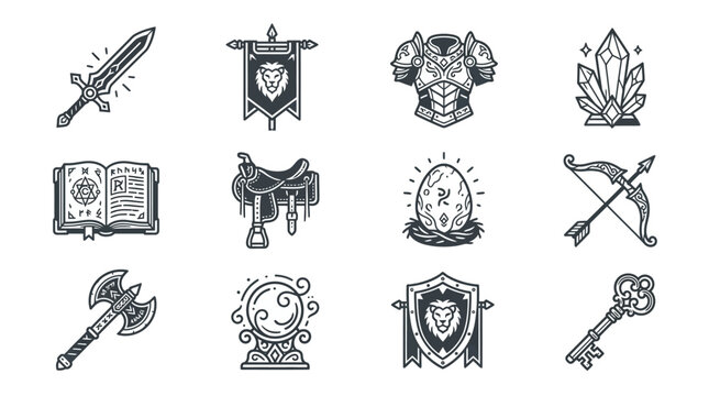 Create 12 modern flat vector MMORPG equipment icons. Include: raid sword, guild banner, legendary armor, mana crystal, skill book, mount saddle, pet egg, epic bow, battle axe, magic orb, guild shield