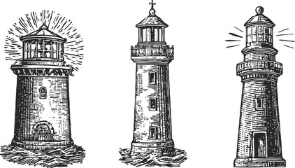 Obraz premium Vintage lighthouse engraving set hand drawn maritime nautical towers with beams and waves