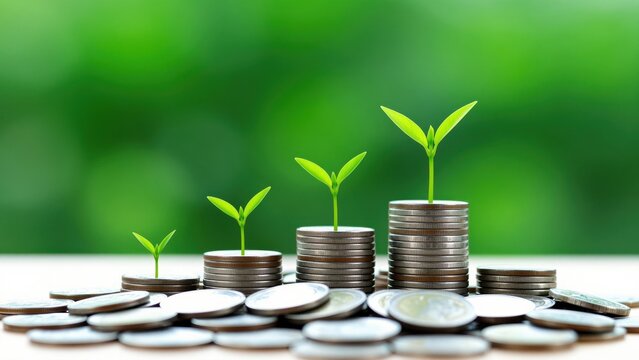 Money Tree Growth: Stacks of coins are arranged in ascending order, symbolizing financial growth, with young plants sprouting from each pile, set against a soft green bokeh background.