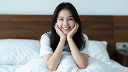 Fototapeta premium Contented Morning: A young Asian woman with a radiant smile rests on a comfortable bed, her chin propped on her hands, exuding a sense of peace and well-being.