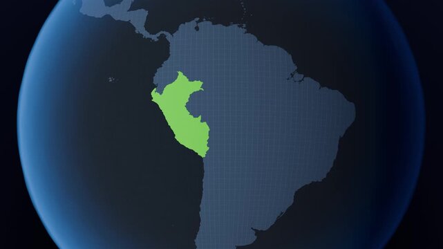 Peru with borders highlighted on a Globe from Space, planet earth 3d map animation.
