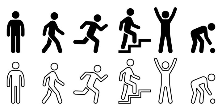 Stick figure icons showing human actions walking running climbing and bending | People symbols in various poses | Vector silhouette set