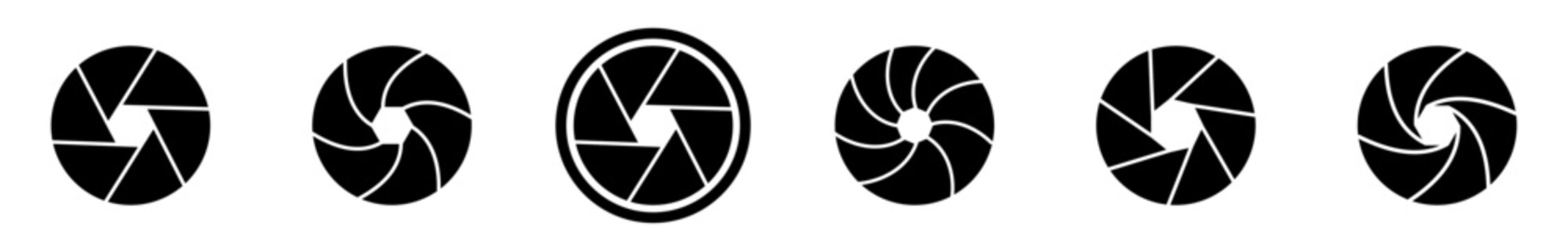 camera shutter aperture icon set. black lens diaphragm iris symbol collection. photography focus blade signs for design. flat photo lens shutter illustration
