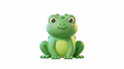 Fototapeta premium A cute 3D cartoon frog with a happy expression, green body, and rosy cheeks, sitting on a plain white background.