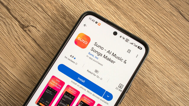 KULIM,MALAYSIA - JULY 13TH,2026 : An angle shot of an android mobile phone displaying the Suno AI Music and Songs Maker application on the Google Play Store interface over wood background.