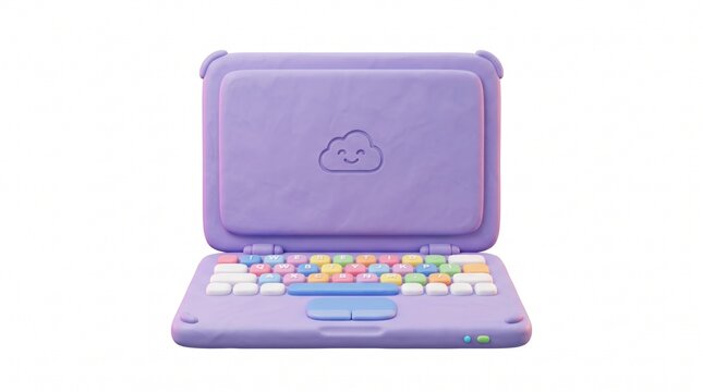 A 3D render of a purple toy laptop made of modeling clay with colorful keyboard keys and a smiling cloud on the screen, isolated on white.