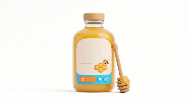 A minimalist 3D rendering of a honey bottle with a white label, bee icons, and a wooden dipper on a clean white background.