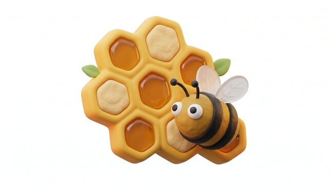 A cute 3D cartoon bee sitting on a section of honeycomb filled with golden honey, isolated on a white background.
