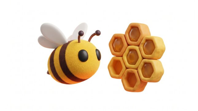 A cute 3D cartoon bumblebee flying next to a golden honeycomb, isolated on a white background. Rendered in a soft, toy-like style.