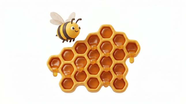 A cute 3D cartoon bee flying near a honeycomb dripping with golden honey, isolated on a clean white background. High-quality digital illustration.