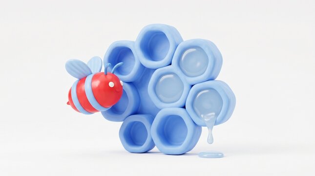 A cute 3D stylized red and blue bee flying near a light blue honeycomb with dripping liquid, set against a clean white background.