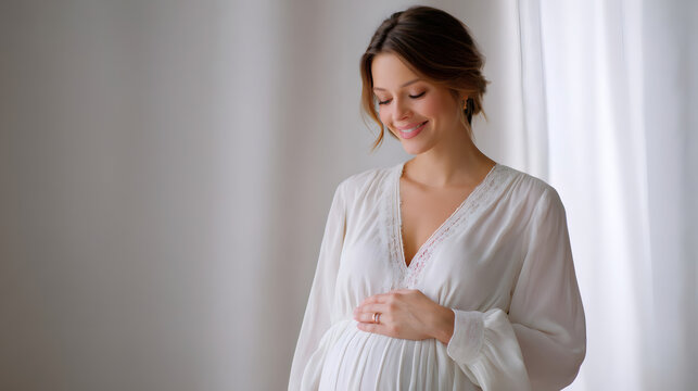 Happy pregnant woman in white dress standing by window, gently holding her belly and smiling. Soft natural light, calm and peaceful atmosphere.