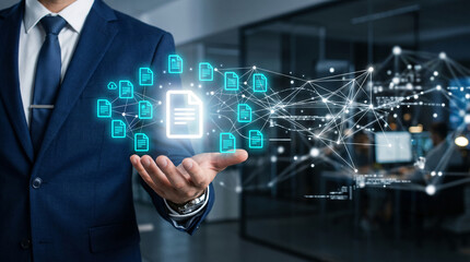 Obraz premium Businessman holding glowing document icons linked in a network, representing data management, digital transformation, and cloud connectivity concepts