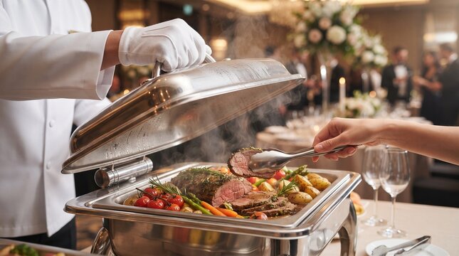 Waiter lifting silver cloche lid to reveal gourmet plated meal. Fine dining server presenting elegant dish at upscale event.
