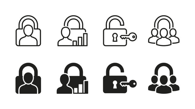 Personal and group data security icon set featuring user locks, statistics privacy, key access and team protection