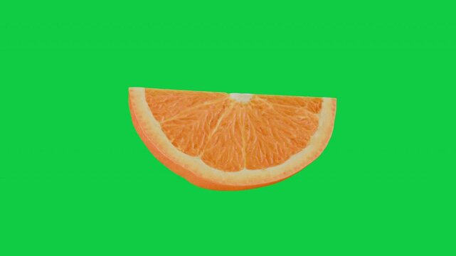 Turning of Slice cut Fresh Orange Fruit isolate on green screen. Fruit food loop concept. 3D animation.