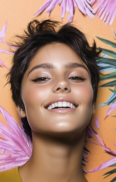 A young woman with short dark hair smiling brightly in a colorful setting