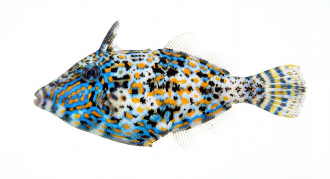 A vibrant Harlequin Filefish swimming isolated against a clean white background for marine study.