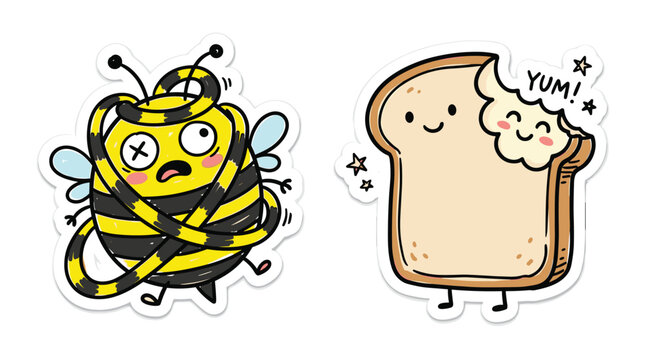 Cute kawaii bee and bitten toast stickers.
