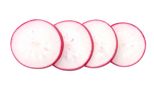 Fresh radish slices isolated on transparent background, organic red radish rounds for food styling, crisp vegetable slices for healthy cooking concepts isolated on solid white background2