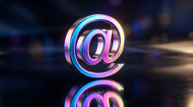 Metallic at symbol with iridescent sheen on a reflective surface, symbolizing communication, connectivity, and digital presence