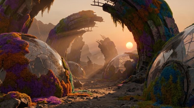 An otherworldly alien planet surface featuring giant floating spheres and strange rock formations under a hazy golden cosmic sky.