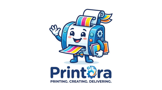Happy printer mascot character for Printora printing services.