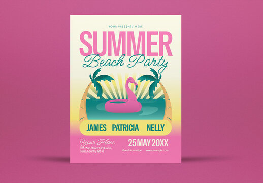 Beige and Pink Flat Design Summer Beach Party Flyer Layout