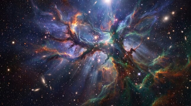 A majestic glowing tree made of stardust and energy floating in a colorful nebula with sparkling distant stars.