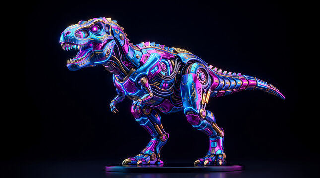 Futuristic robotic Tyrannosaurus Rex in vibrant blue and pink neon, showcasing intricate mechanical detail, symbolizing innovation and powerful technology