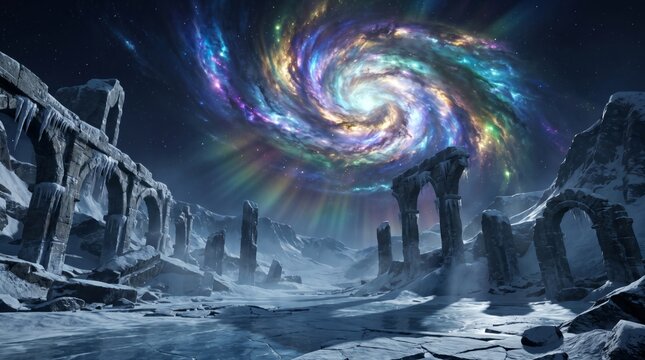 A swirling spiral of multi colored cosmic energy and stardust forming a galactic vortex in the dark outer space.