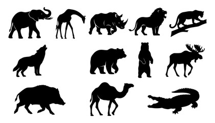 Animals Silhouettes Featuring an Elephant, Giraffe, Rhino, Lion, Leopard, Wolf, Bear, Gorilla, Moose, Boar, Camel, and Alligator © MdMamnur