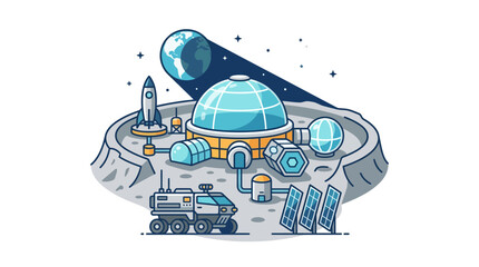 Vibrant illustration of a lunar colony with Earth in the background, featuring a rocket, rover, and dome structures. © ktp