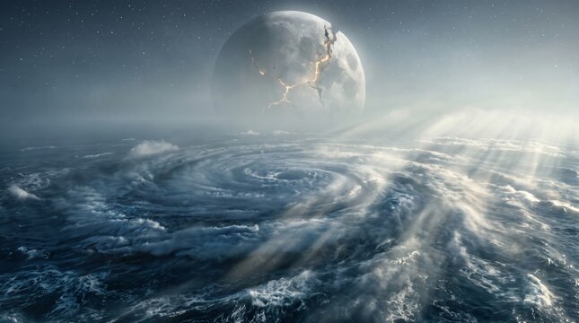A wide shot of a cracked icy ocean surface on an extraterrestrial planet with a large grey moon in the sky.