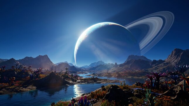 A beautiful otherworldly scenery featuring glowing blue lakes and jagged mountains under a ringed cosmic planet.