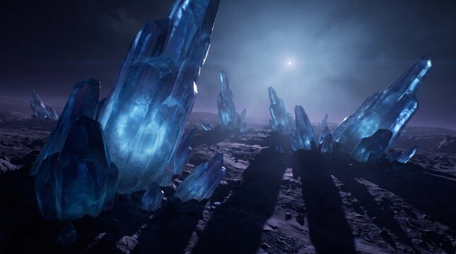 Towering glowing blue crystals rising from a frozen dark surface of an alien world under a starry cosmic sky.