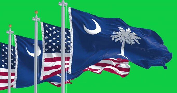 South Carolina state flags waving with the US flag isolated on green background