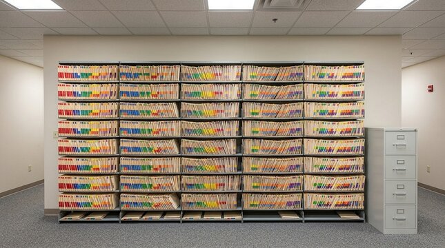 Claims processing folder rack filled with colour coded manila folders - Healthcare Insurance Administration Stock Photo