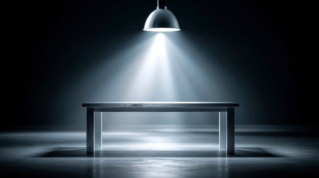 A solitary wooden table illuminated by a single overhead industrial light in a dark, empty room with a reflective floor.