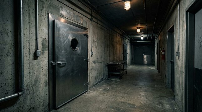 Morgue refrigeration unit door closed quietly in a dim basement corridor - Healthcare Insurance Administration Stock Photo