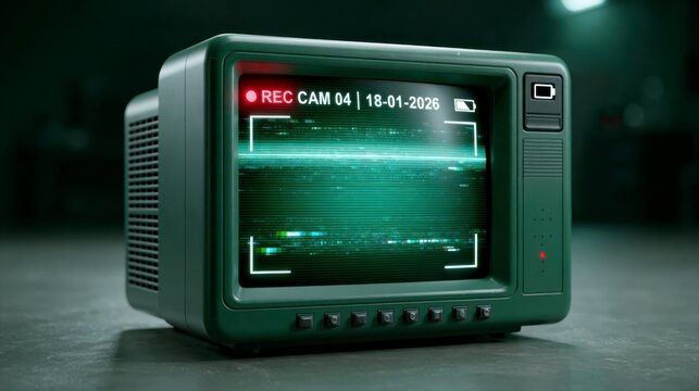 A retro green surveillance monitor displays static and glitch effects with a recording indicator and date stamp in a dimly lit environment.