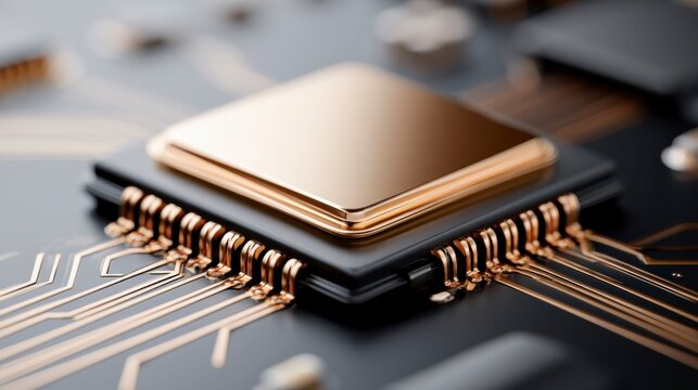 A close-up view of a modern microchip with gold circuitry on a sleek black circuit board.
