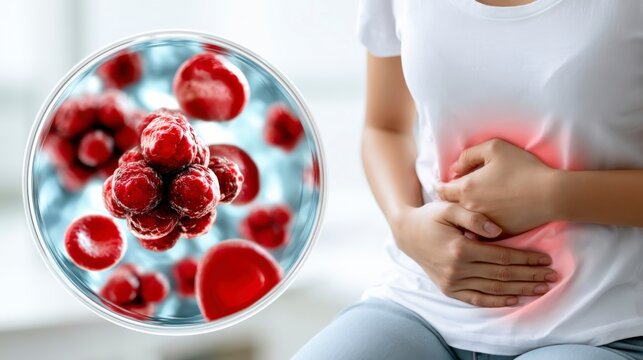 A person clutching their abdomen in pain beside a magnified view of harmful bacteria or pathogens causing infection.