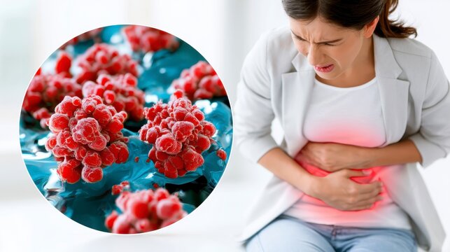 A woman clutching her abdomen in pain, with a close-up inset showing a 3D illustration of a virus or bacterial infection.