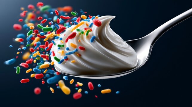 A spoonful of creamy white ice cream with colorful rainbow sprinkles flying off against a dark background.