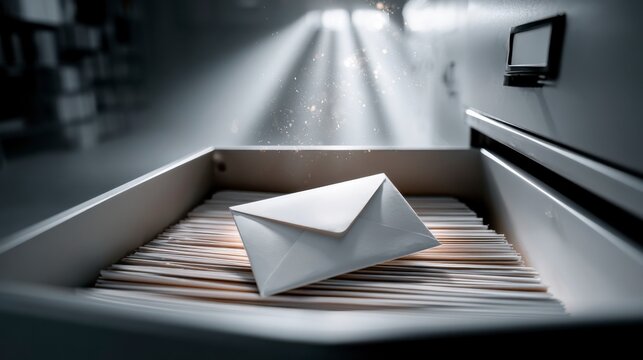 A glowing envelope hovers over an open filing cabinet drawer filled with organized folders, with beams of light shining through a window.