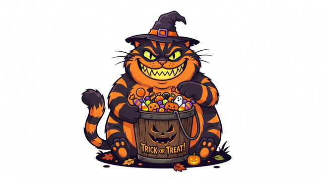 Spooky Grinning Orange Halloween Cat with Witch Hat and Trick or Treat Candy Bucket Vector Illustration