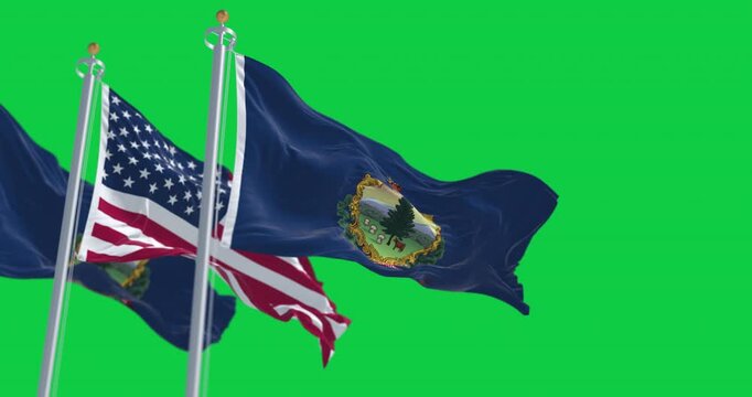 Vermont and the american flags waving in the wind isolated on green background